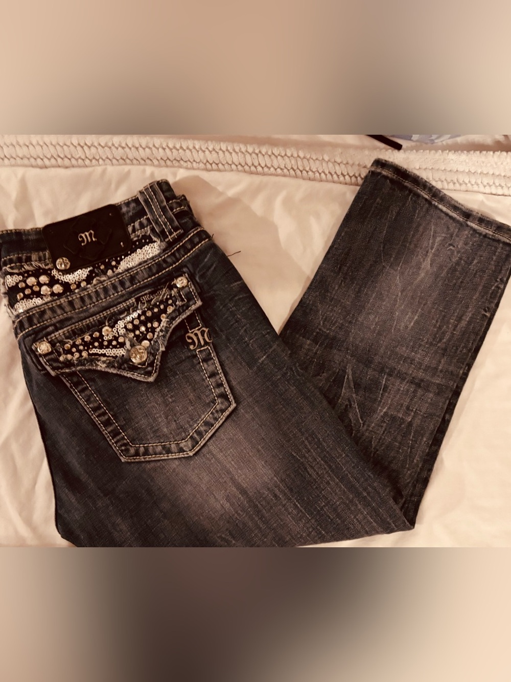 Miss Me Dark Blue Boot Cut Jeans with Sequin & Stud Embellishment Size 30 x 22